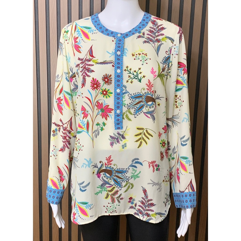 Talbots Women's Petite Floral Print Long Sleeve Blouse Cream Blue Trim LP